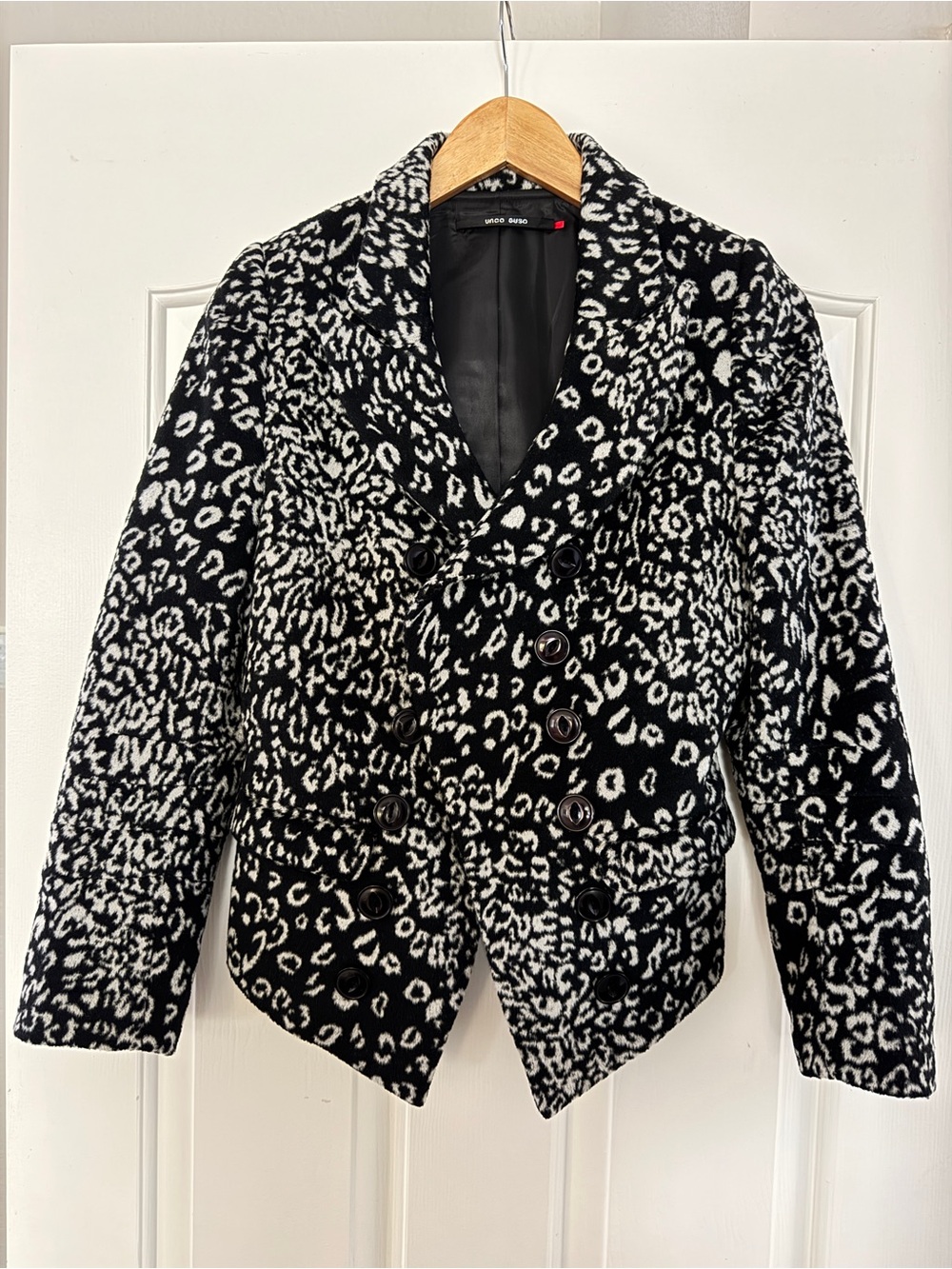 Unco Guso Black White Leopard Print Wool Blend Double Breasted Blazer 03/5